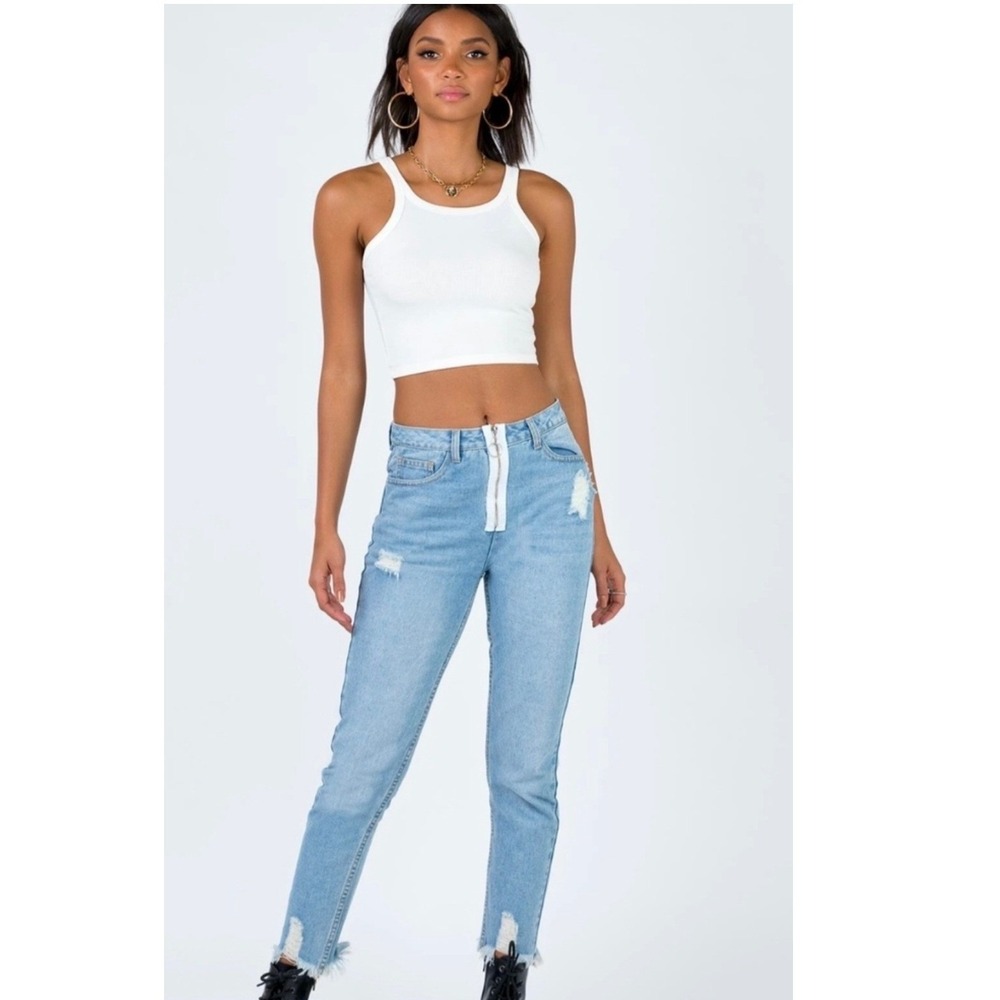 Princess Polly Mabel Skinny Mid Wash Distressed Jeans Exposed Zipper Blue 10 NWT
